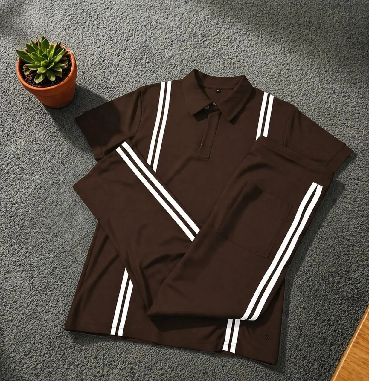 Men’s Loose Fit Zipper Polo & Trouser Set – Coffee