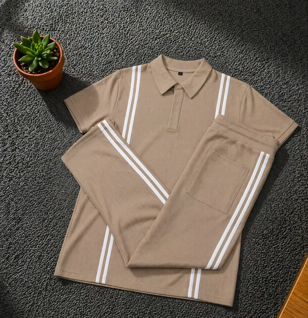 Men’s Loose Fit Zipper Polo & Trouser Set – Brown