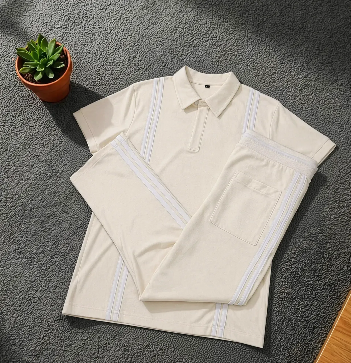 Men’s Loose Fit Zipper Polo & Trouser Set – Off white